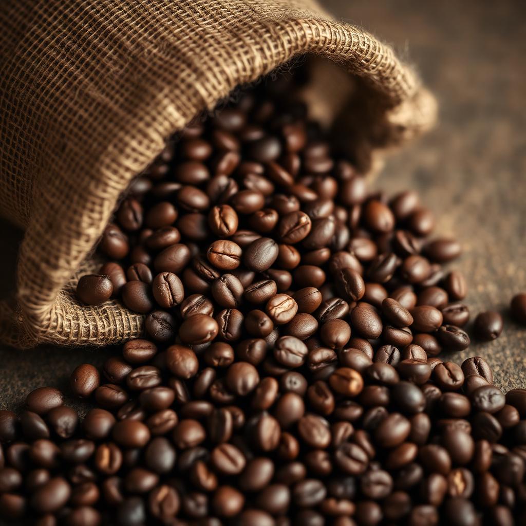 Brazilian coffee beans spilling from a burlap sack